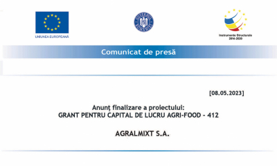 AGRALMIXT S.A – Anunț finalizare a proiectului: GRANT PENTRU CAPITAL DE LUCRU AGRI-FOOD - 412