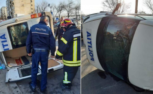 Tânără poliţistă rănită, după ce autospeciala s-a răsturnat într-o intersecţie din Bucureşti
