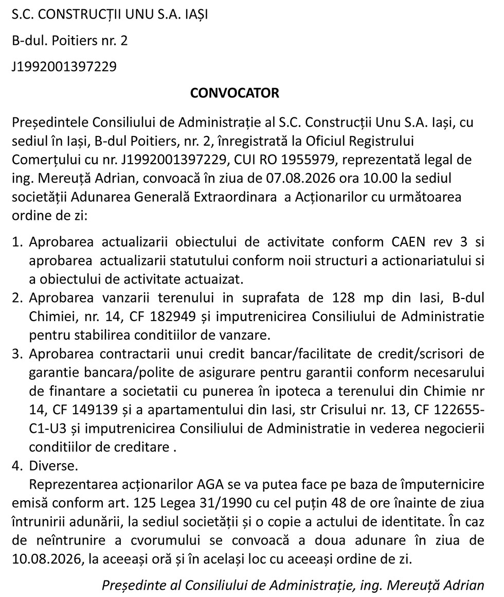 ANUNT AGA SC CONSTRUCTII UNU SRL