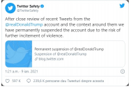 Twitter a suspendat contul lui Donald Trump. Motivul - risc de incitare la violență
