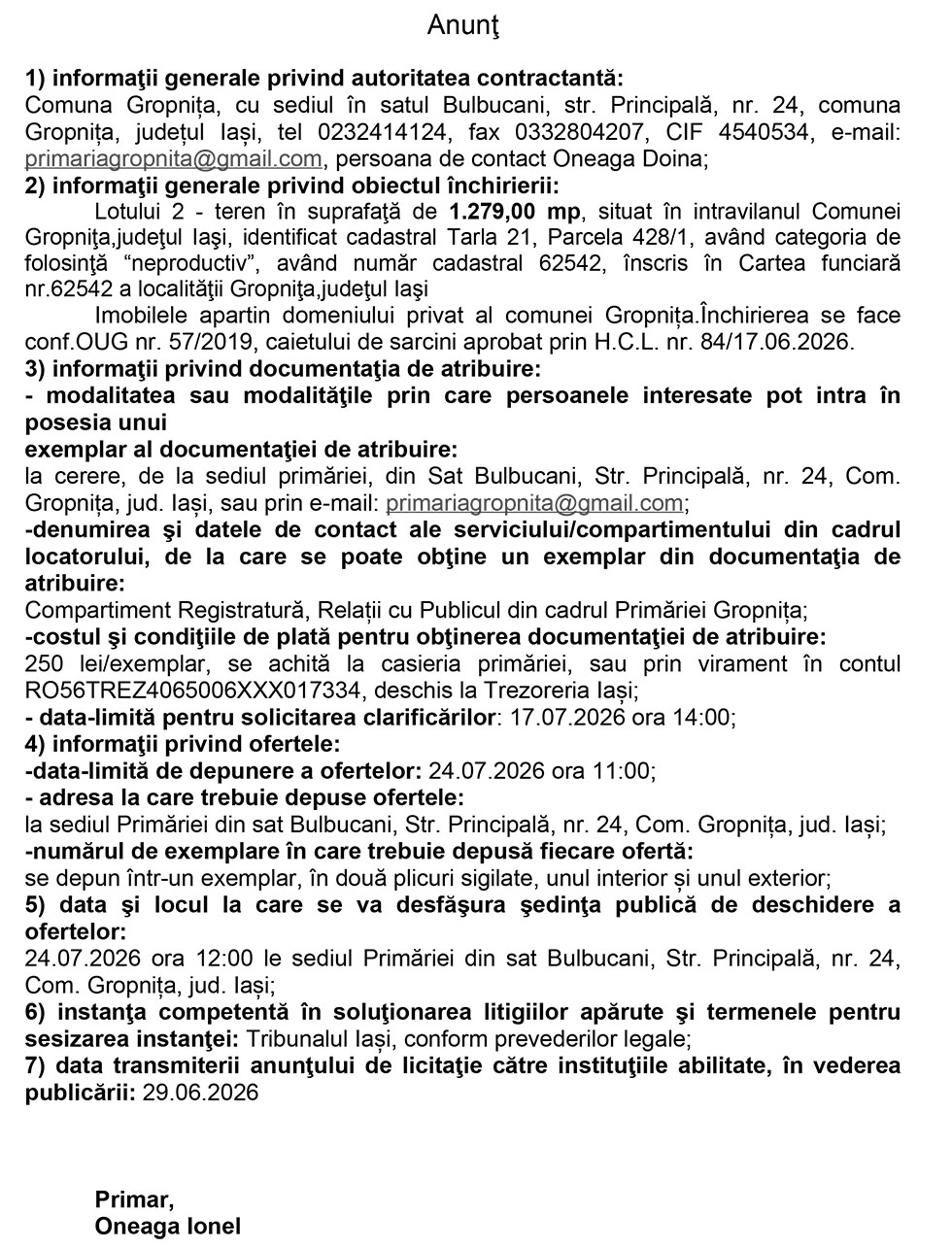 ANUNT LICITATIE 3 - COMUNA GROPNITA