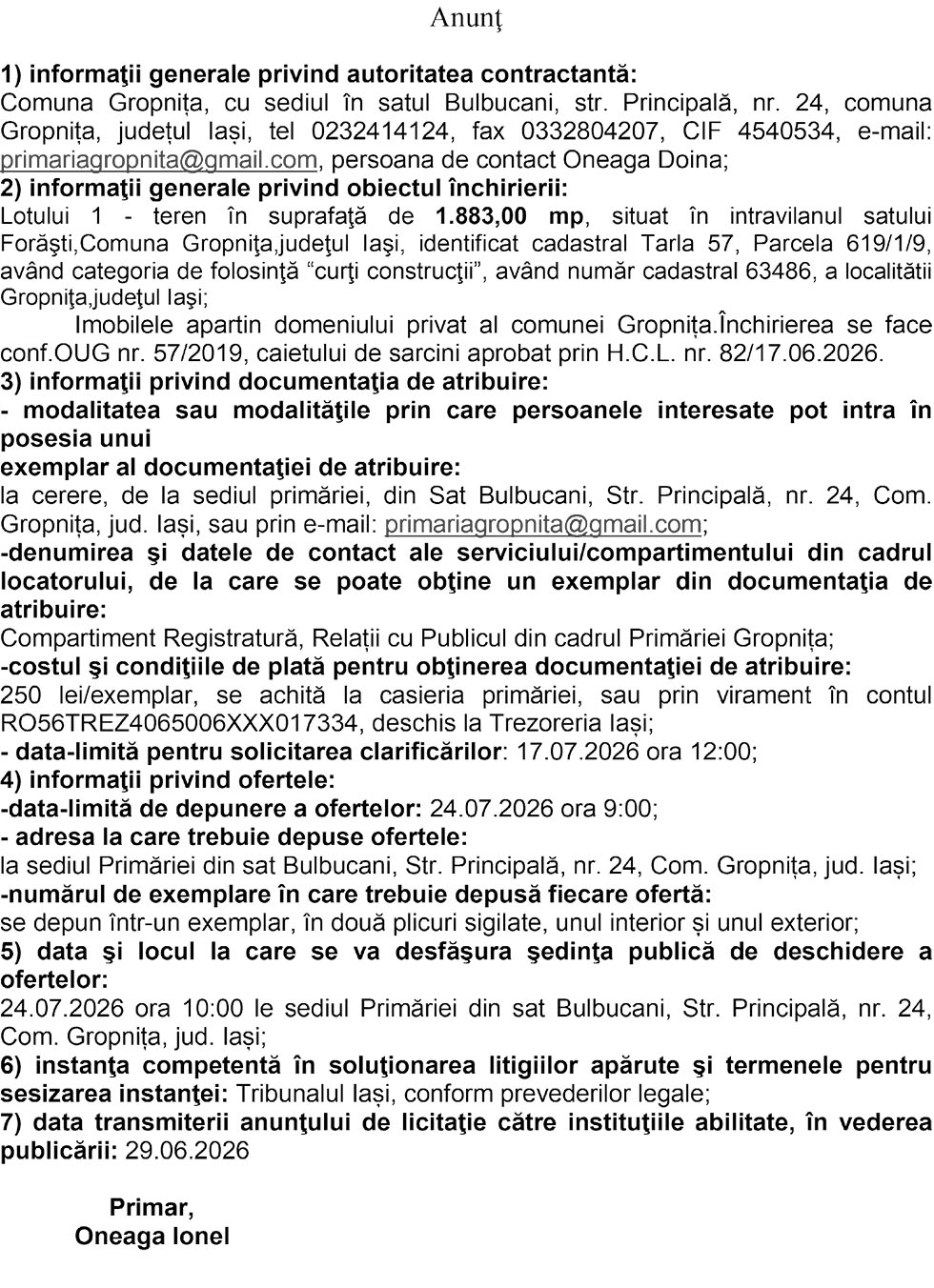 ANUNT LICITATIE 1 - COMUNA GROPNITA