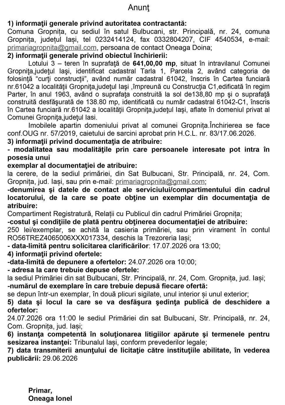 ANUNT LICITATIE 2 - COMUNA GROPNITA