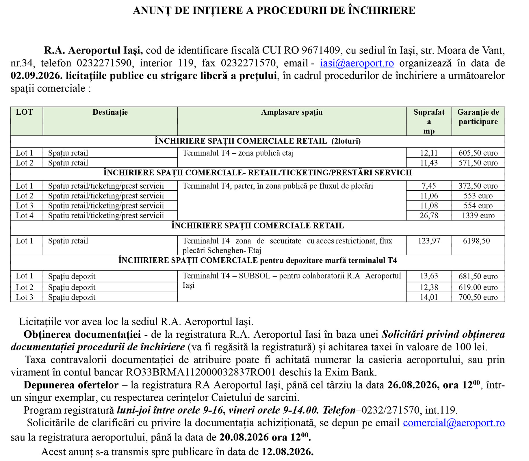 ANUNȚ DE INIȚIERE A PROCEDURII DE ÎNCHIRIERE R.A. Aeroportul Iași