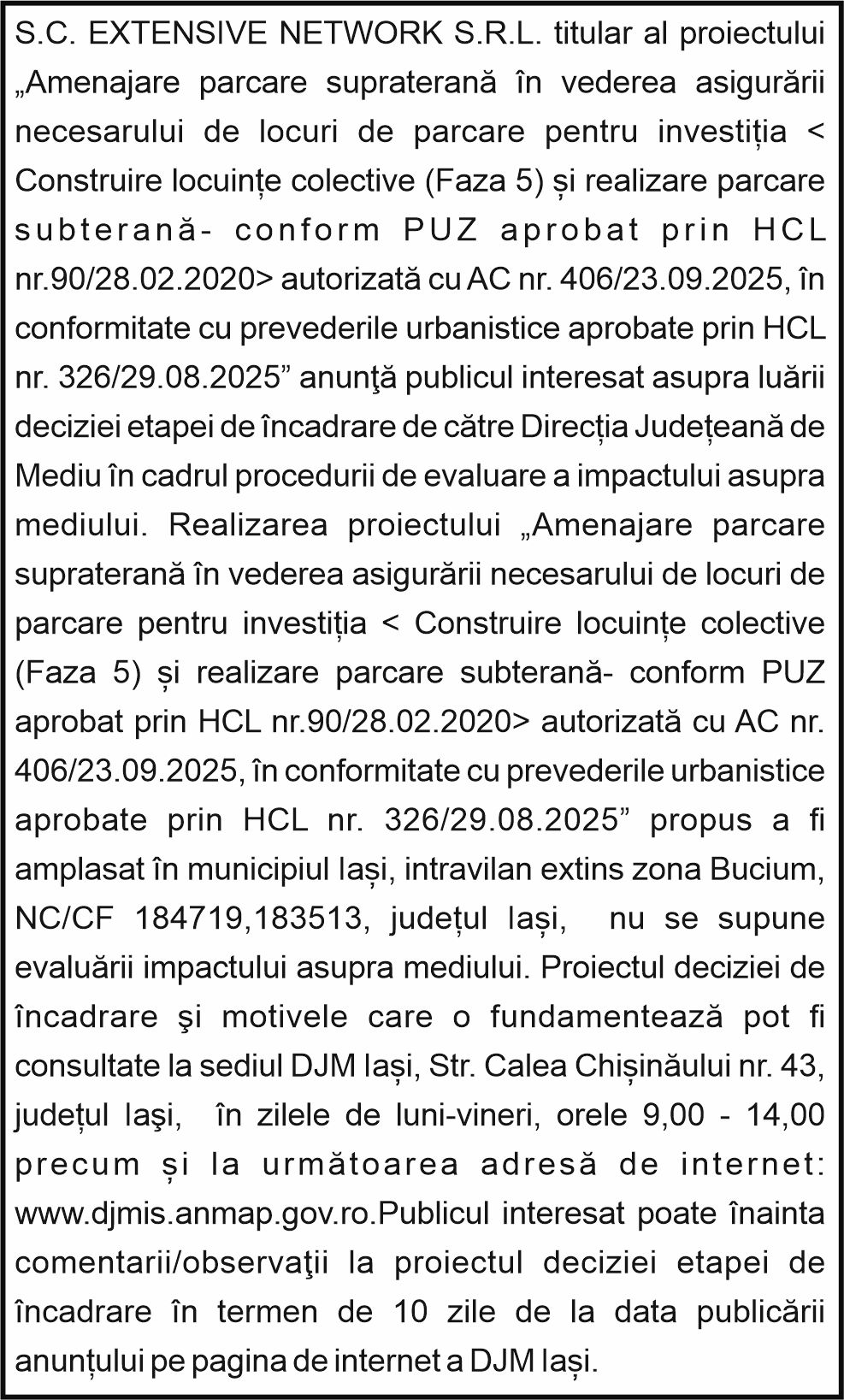 Anunt public SC EXTENSIVE NETWORK SRL