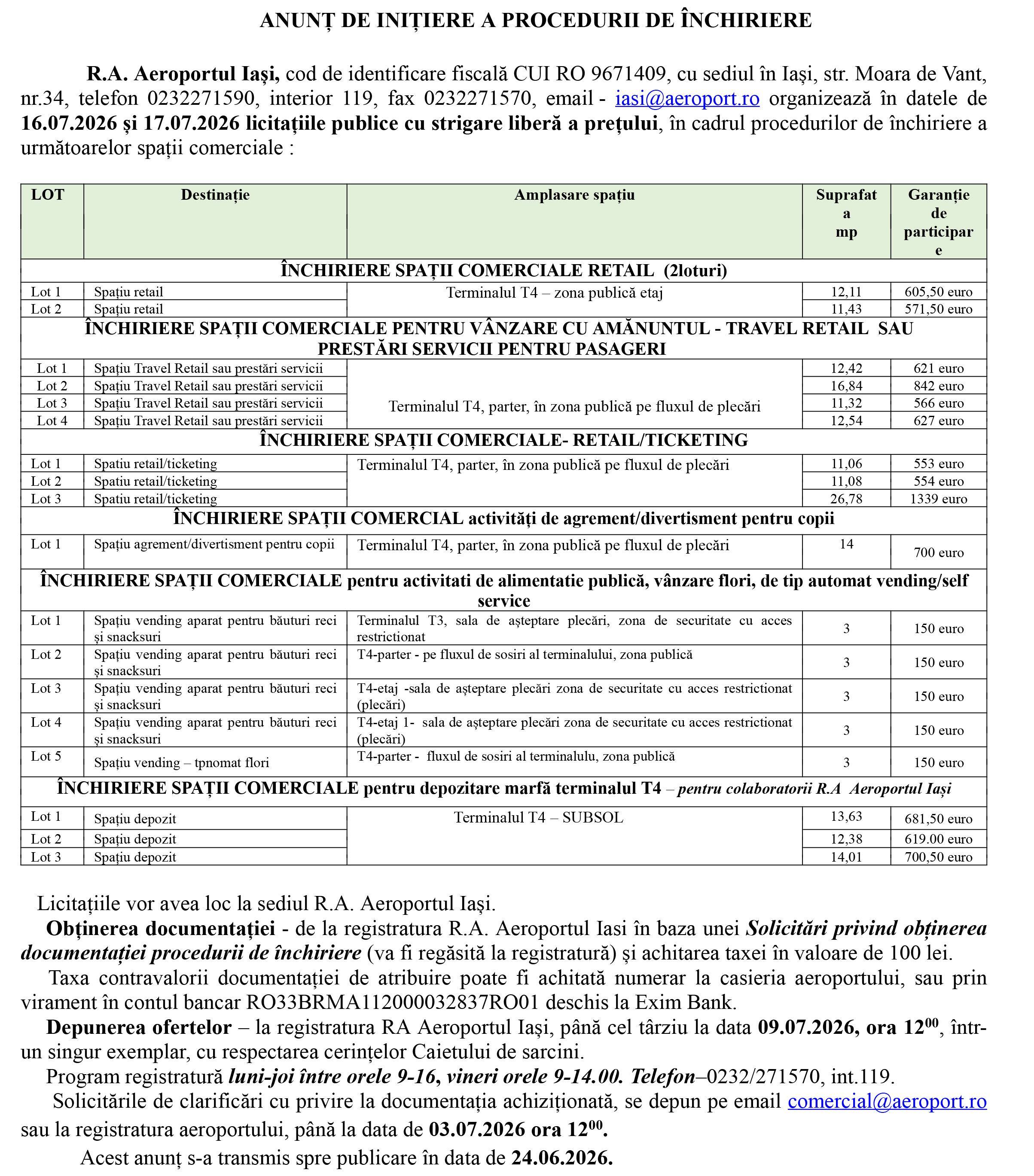 ANUNȚ DE INIȚIERE A PROCEDURII DE ÎNCHIRIERE