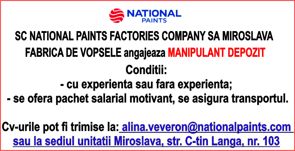 FABRICA DE VOPSELE MIROSLAVA ANGAJEAZA MANIPULANT DEPOZIT