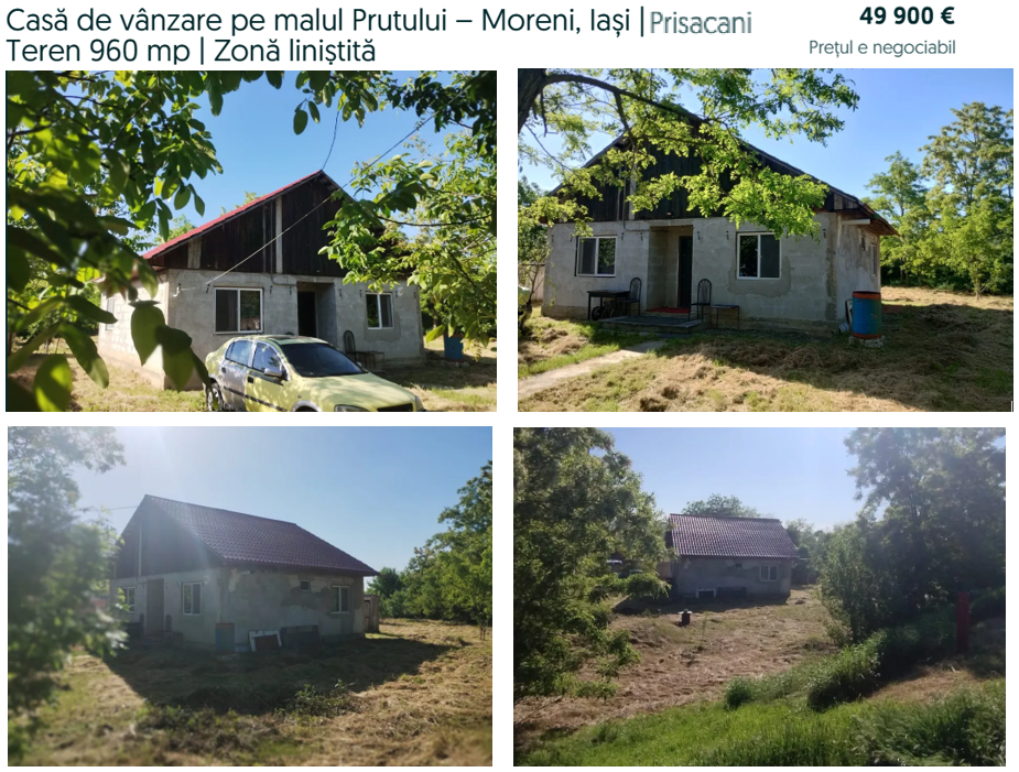 Casă de vânzare pe malul Prutului – Moreni, Iași.Teren 960 mp. Zonă liniștită