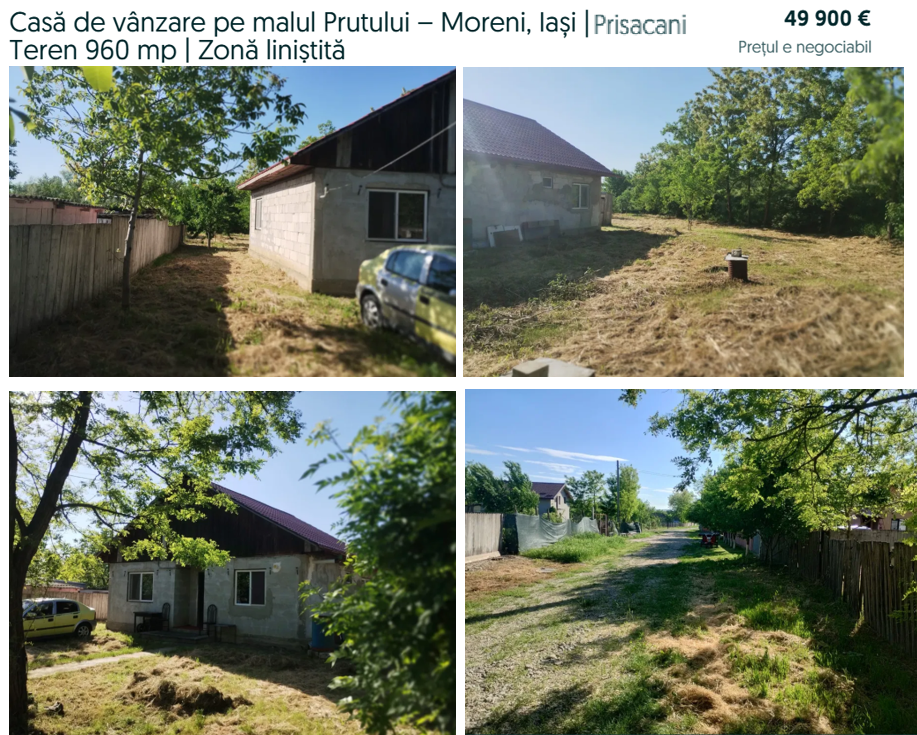 Casă de vânzare pe malul Prutului – Moreni, Iași.Teren 960 mp. Zonă liniștită