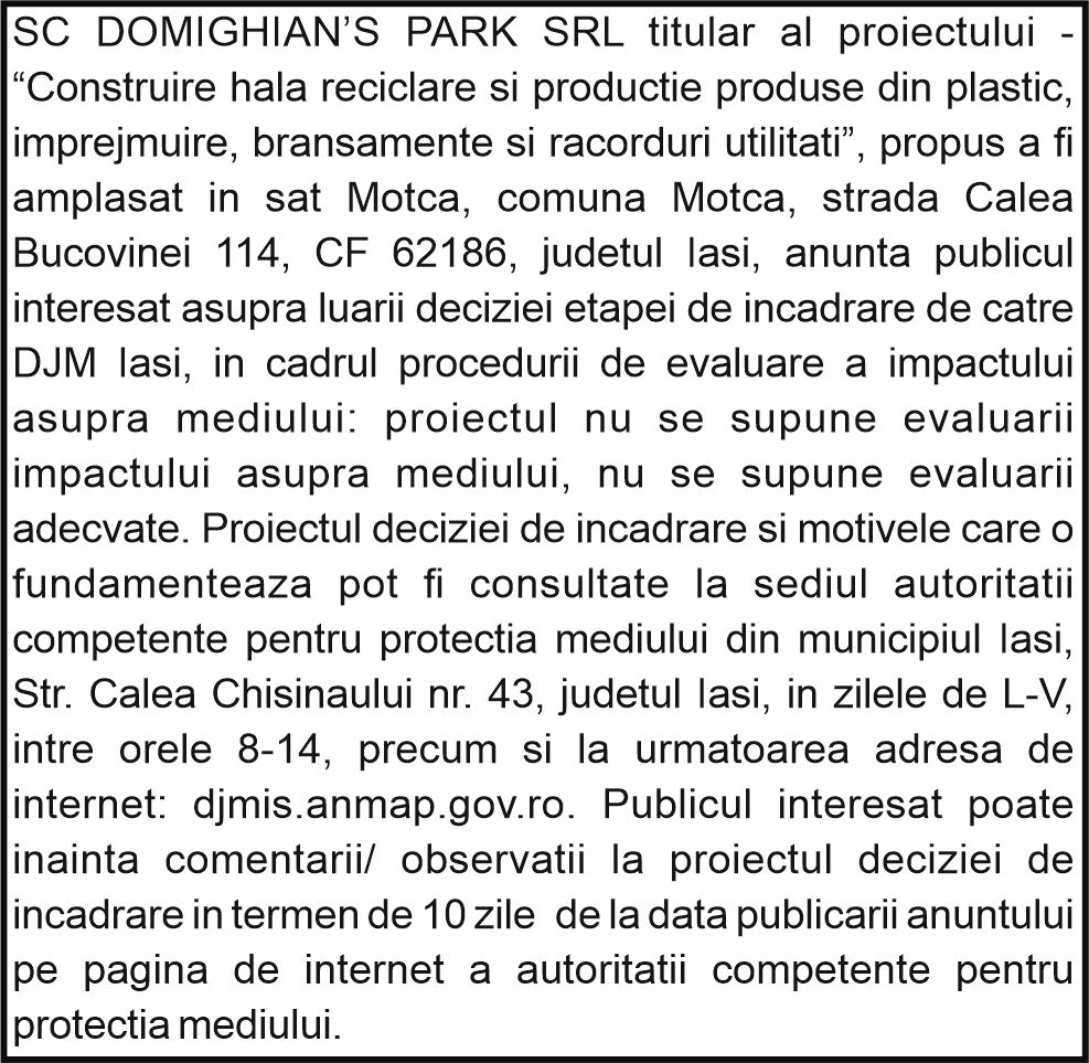 SC DOMIGHIAN’S PARK SRL - anunt public