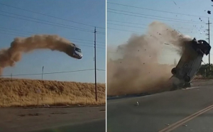 Accident spectaculos în California: O șoferiță zboară cu mașina peste liniile de înaltă tensiune