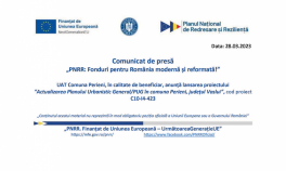 „PNRR: Fonduri pentru România modernă și reformată! – UAT Comuna Perieni, lansare proiect  “Actualizarea Planului Urbanistic General/PUG în comuna Perieni, județul Vaslui”