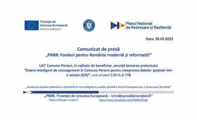 „PNRR: Fonduri pentru România modernă și reformată!” – UAT Comuna Perieni anunță lansarea proiectului  “Sistem inteligent de management în Comuna Perieni pentru integrarea datelor spațiale într-o soluție (GIS)”