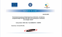 SC MAJUTEX SRL: Comunicat de presa privind lansarea proiectului „Creșterea competitivității SC MAJUTEX SRL prin producția si consumul de energie verde”