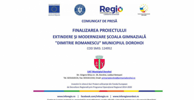 UAT MUNICIPIUL DOROHOI anunță FINALIZAREA proiectului „Extindere și modernizare Școala Gimnazială 